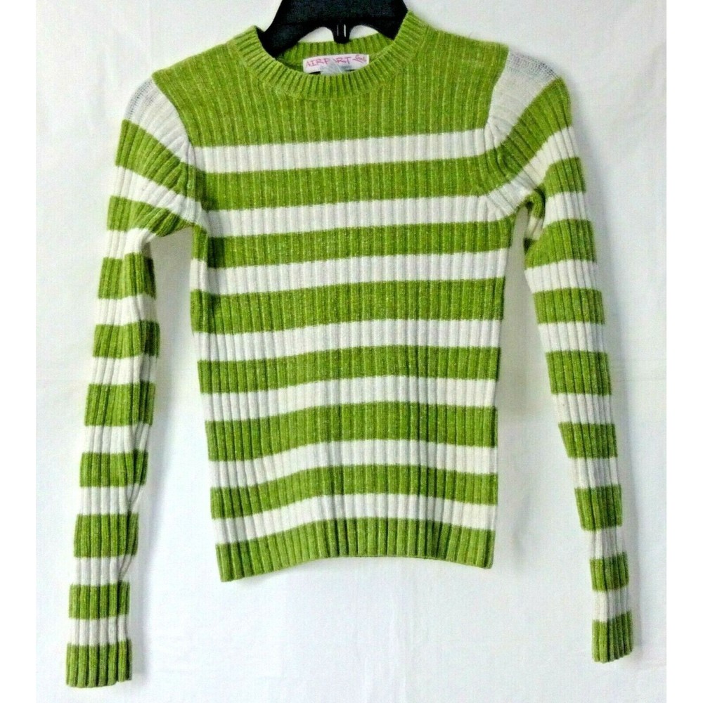 Airport Girls Sweater Size M Long Sleeve Pullover Green Crew Neck Striped Winter